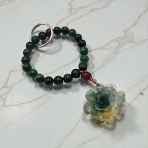 Handmade Green and Purple Beaded Keychain with Floral Charm